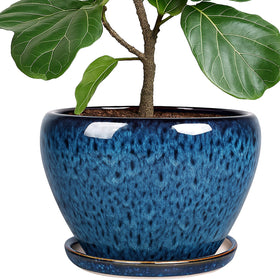 Deep Dream 10-inch ceramic blue plant pot with round silhouette for indoor display