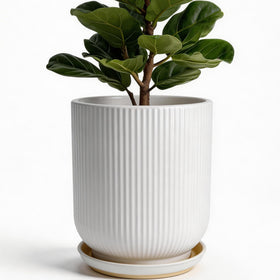 Deep Dream 10 inch ceramic pot with striped glaze for elegant indoor display.
