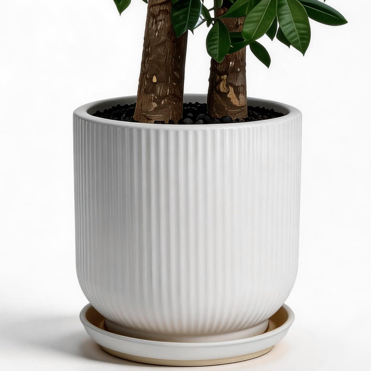 Deep Dream 12-inch ceramic pot with striped glaze and drainage.