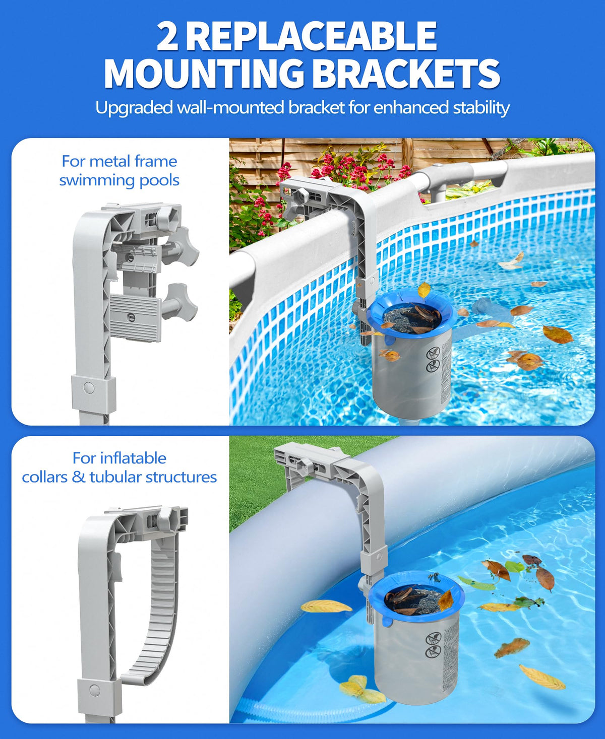 DeeprClean adjustable-height bracket on above-ground skimmer aligns with water level