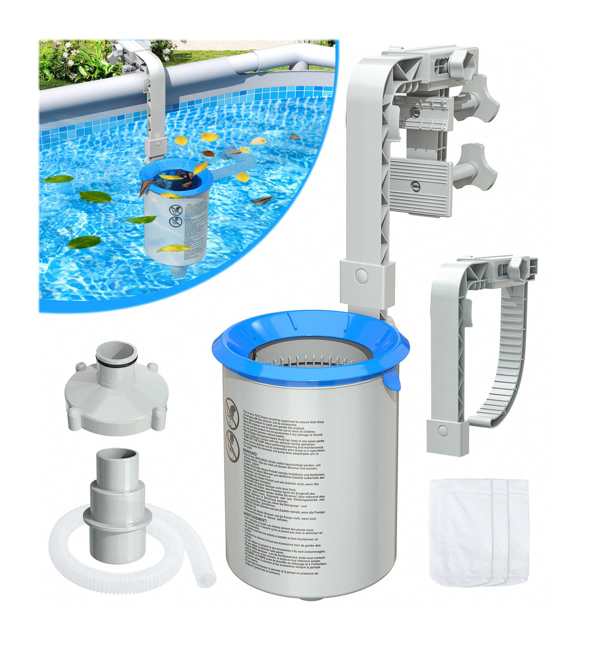 DeeprClean anti-tilt above-ground skimmer keeps pool surface steady