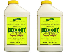 Deer Out 32oz bottle pour showing easy application to protect plants from deer.