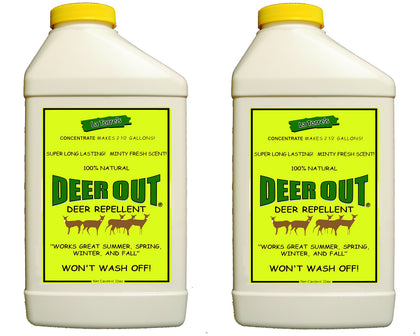 Deer Out 32oz bottle pour showing easy application to protect plants from deer.