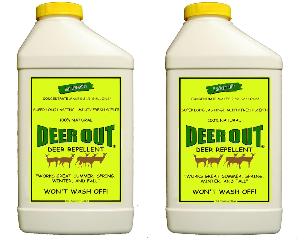 Deer Out 32oz bottle pour showing easy application to protect plants from deer.