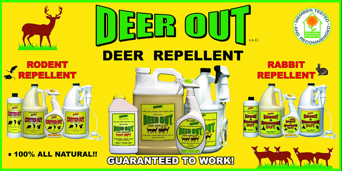 Deer Out bottle label view highlighting all-natural, rain-resistant formula for garden protection.