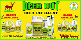 Deer Out bottle label view highlighting all-natural, rain-resistant formula for garden protection.