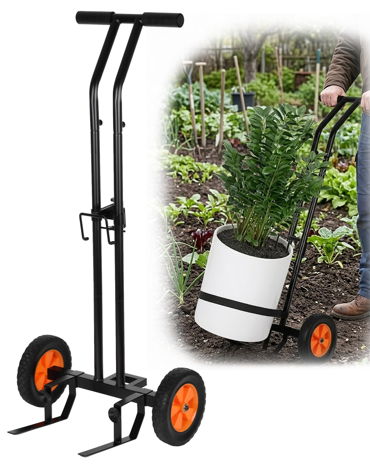 Deerift heavy-duty caddy showing adjustable grip arms for secure transport of pots.