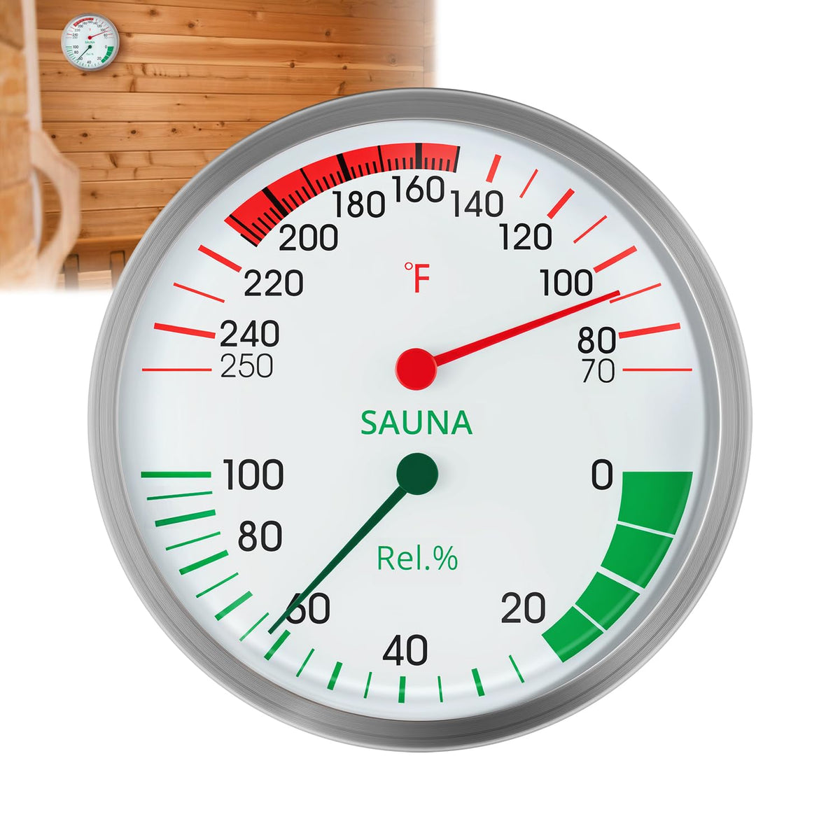 Defull sauna hygrometer-thermometer with 5-inch dial for precise sauna readings.