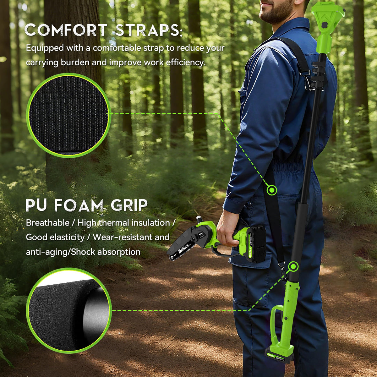 DEHANTOOLS 21V battery powers cordless operation for extended sessions