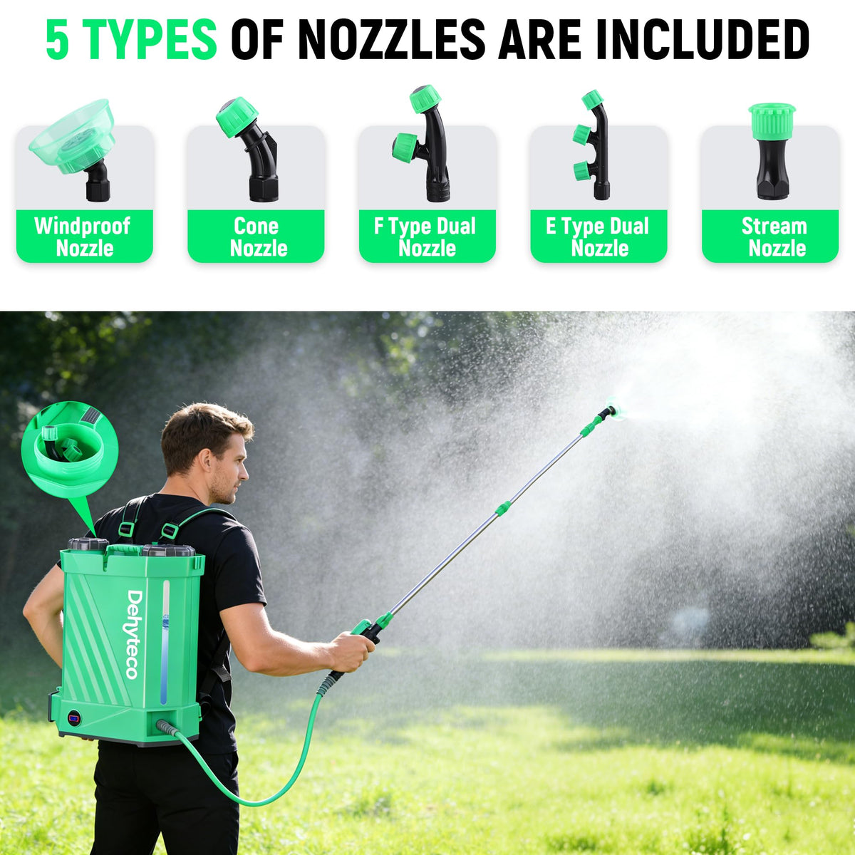 Five nozzles provide versatile spraying options for Dehyteco sprayer tasks