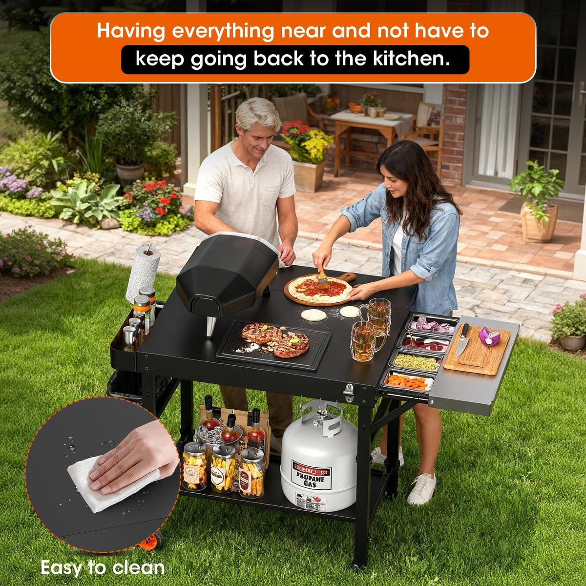 DeintYei pizza oven table wheels—easy mobility across patios and decks.