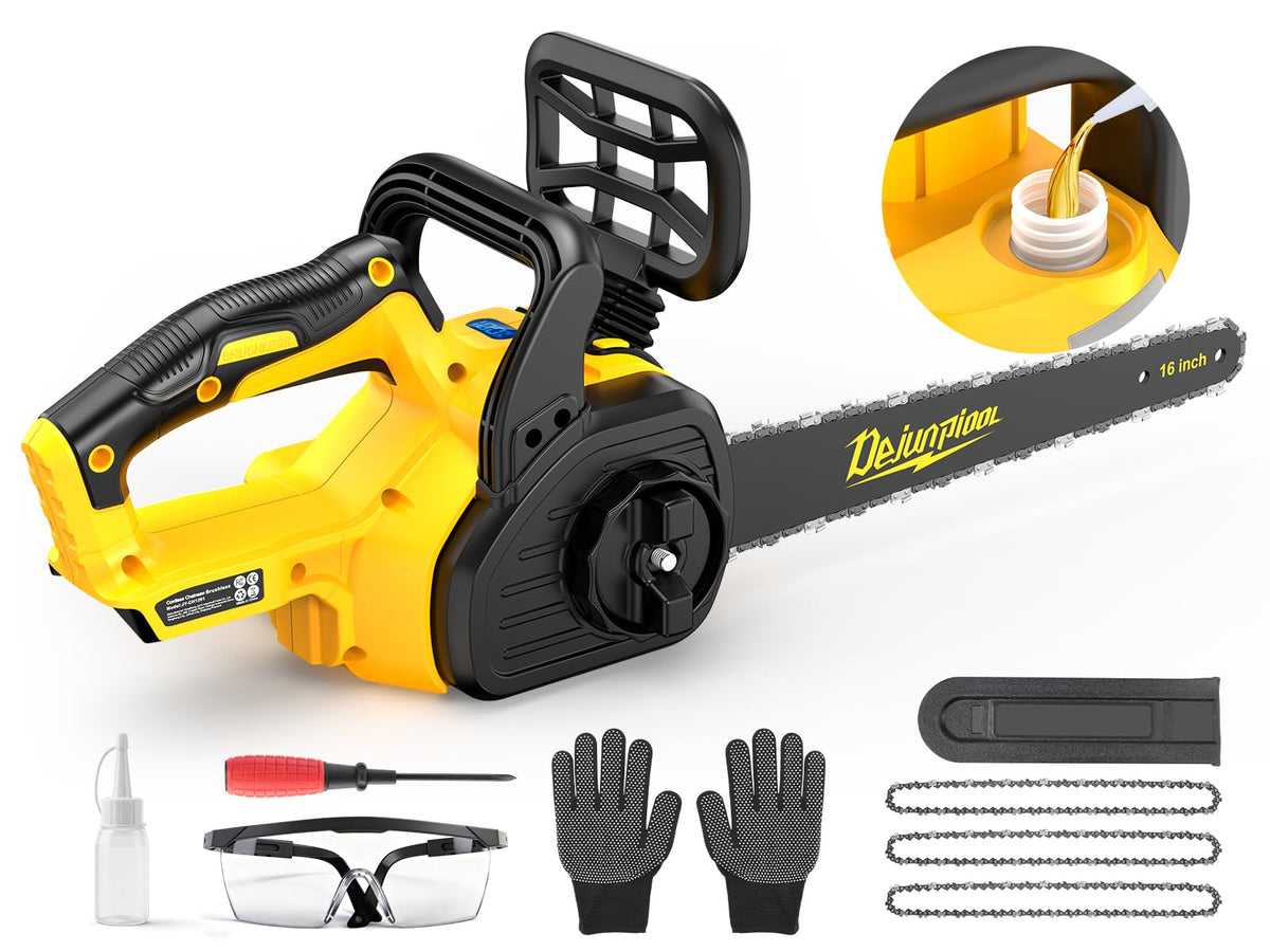 DEJUNPIOOL 16-inch chainsaw body showing Dewalt battery compatibility for flexible yard work.