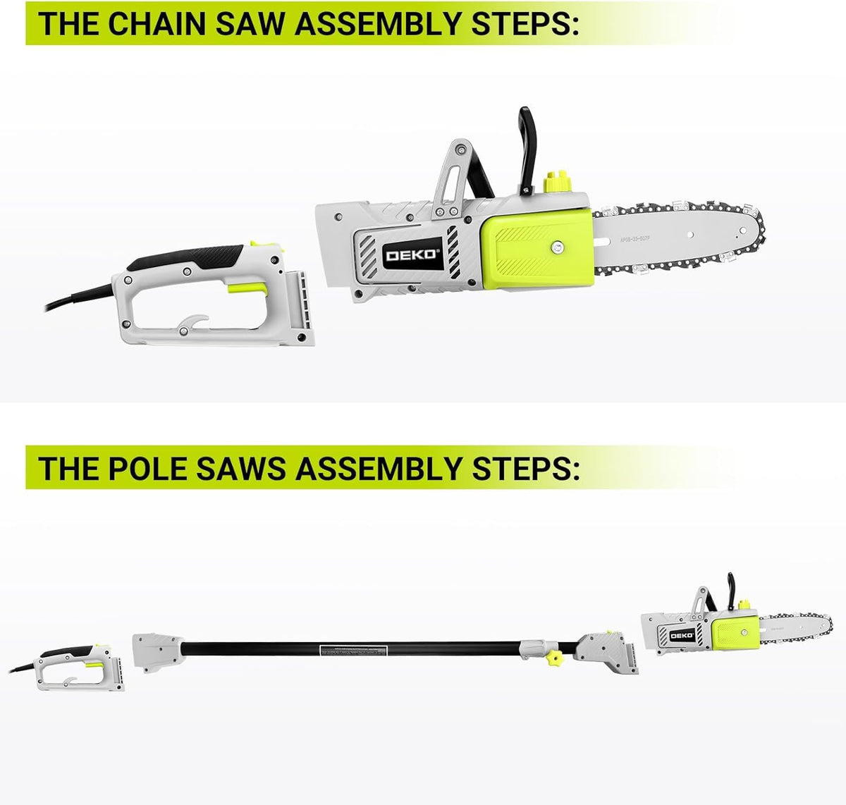 DEKOPRO 8 Amp 10-Inch pole saw cutting wood at ground level