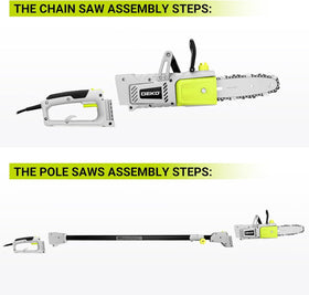 DEKOPRO 8 Amp 10-Inch pole saw cutting wood at ground level