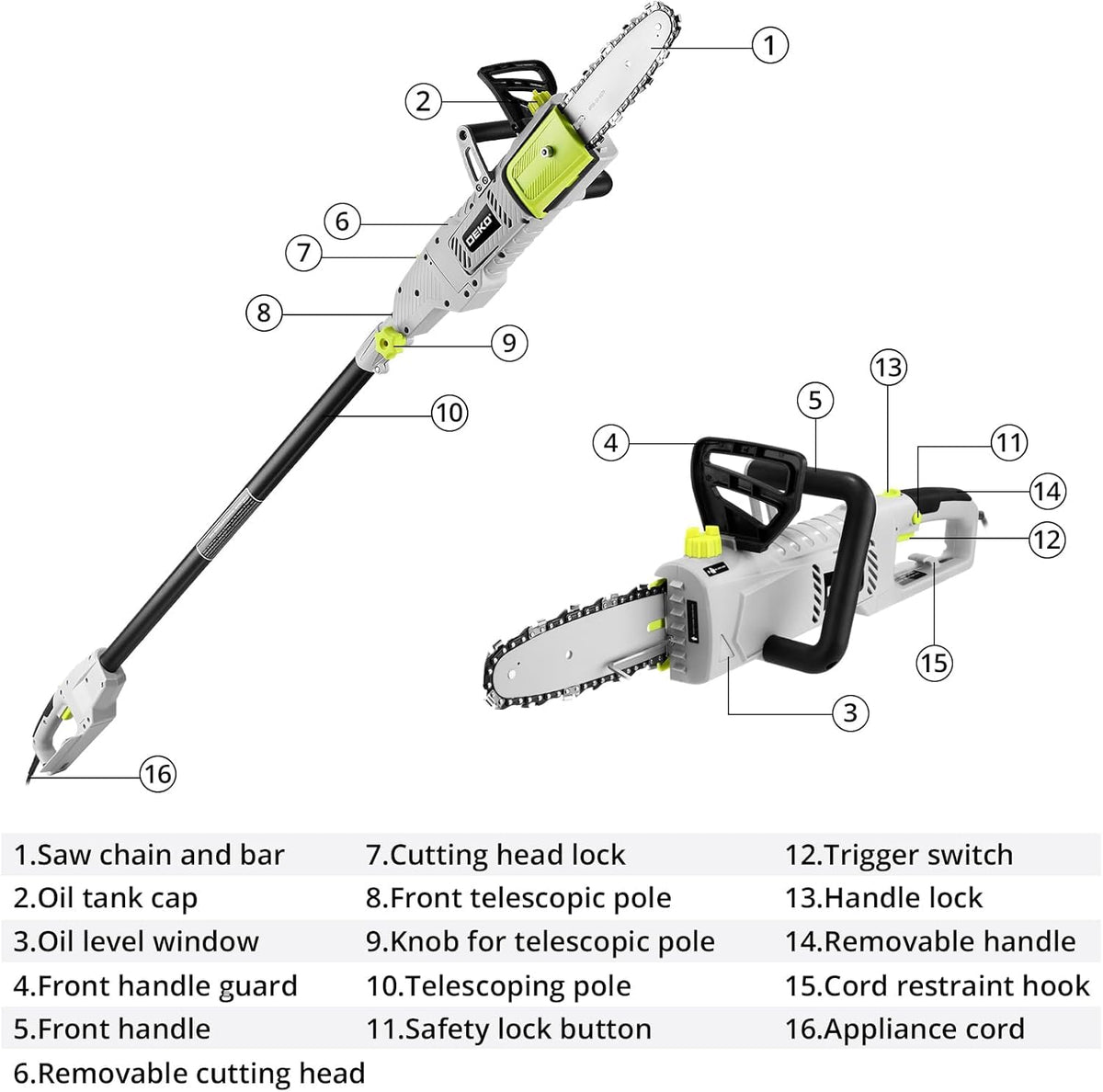 DEKOPRO 8 Amp 10-Inch pole saw with extension pole demonstrating tool-free reach