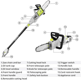 DEKOPRO 8 Amp 10-Inch pole saw with extension pole demonstrating tool-free reach