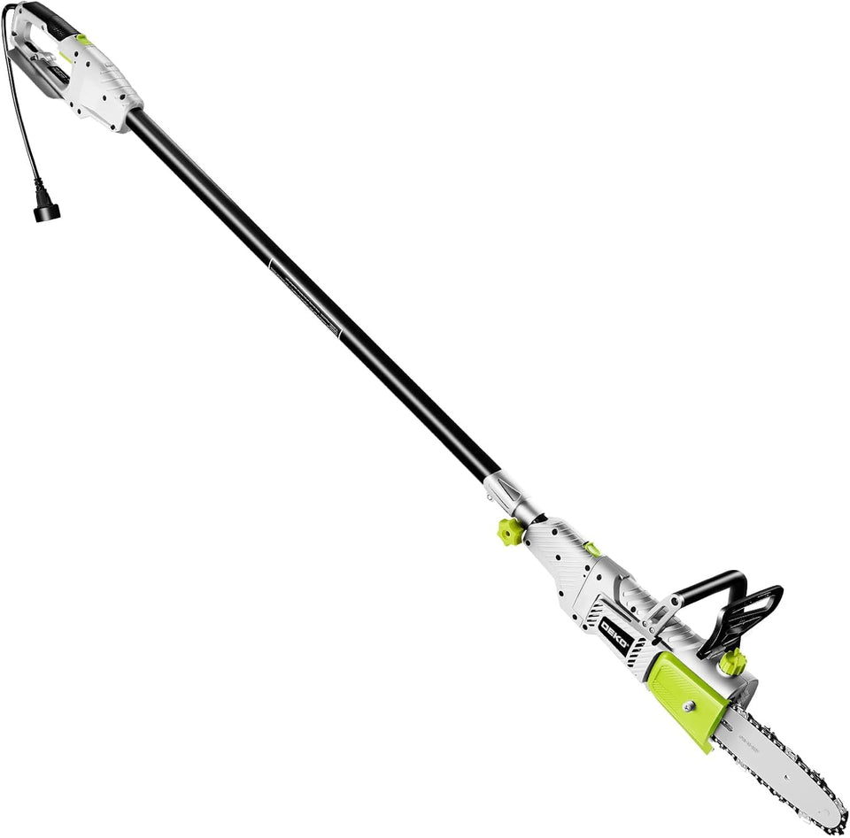 DEKOPRO 8 Amp 10-Inch pole saw front view showing compact design for overhead trimming