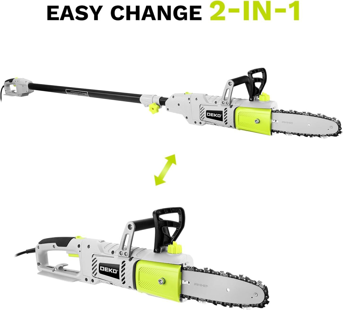 DEKOPRO 8 Amp 10-Inch pole saw in use at height for overhead pruning