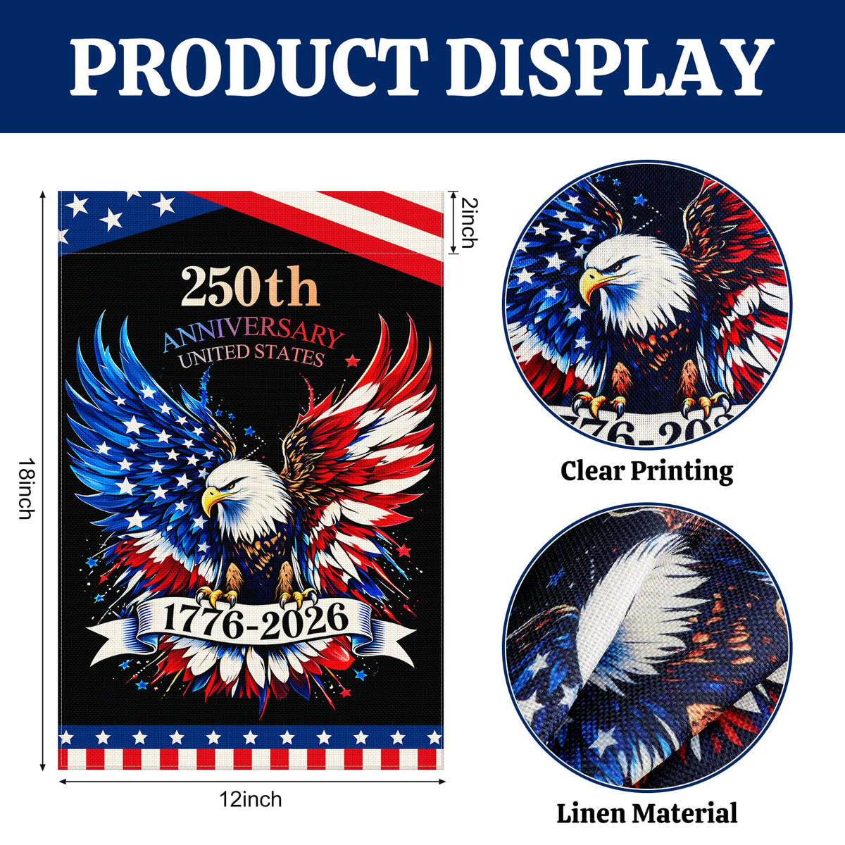 Deloky 1776-2026 close-up of eagle and Stars and Stripes highlighting commemorative detail.