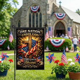 Deloky 250th Anniversary Flag folded display showing easy garden setup without tools.