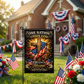 Deloky 250th Anniversary Flag in garden setting ideal for porch and yard decor.