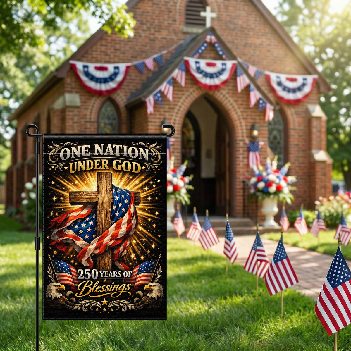 Deloky 250th Anniversary Flag linen texture offers durable outdoor display against sun and rain.
