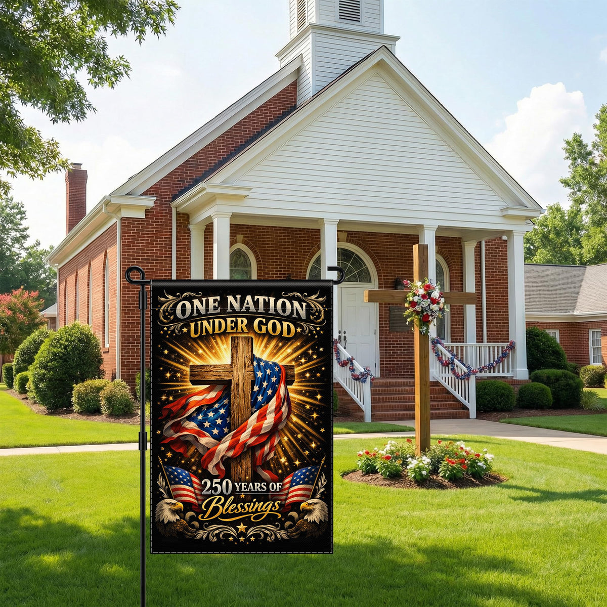 Deloky 250th Anniversary Flag 18x12 inch size fits small outdoor spaces.