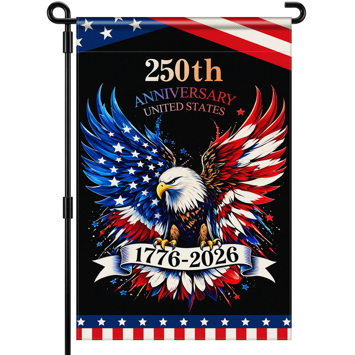 Deloky 250th Anniversary Garden Flag front view with eagle and stripes for outdoor display.