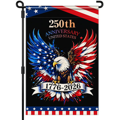 Deloky 250th Anniversary Garden Flag front view with eagle and stripes for outdoor display.