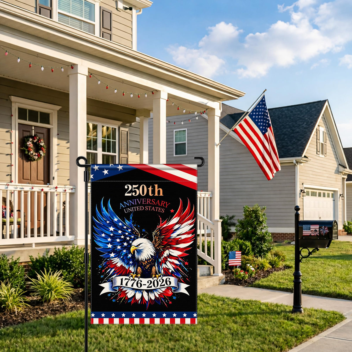 Deloky patriotic banner ideal for porch, yard, or deck celebrations.
