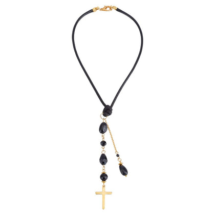 DELORIGIN cross hanging ornament with black glass beads for car mirror and subtle charm.