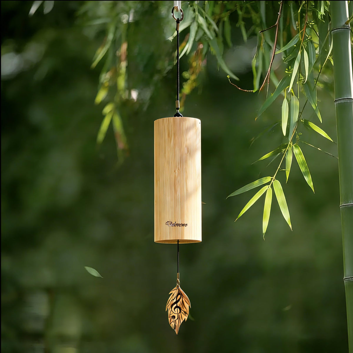 DELOVEWO wind chimes outdoors with natural bamboo for a peaceful garden ambience