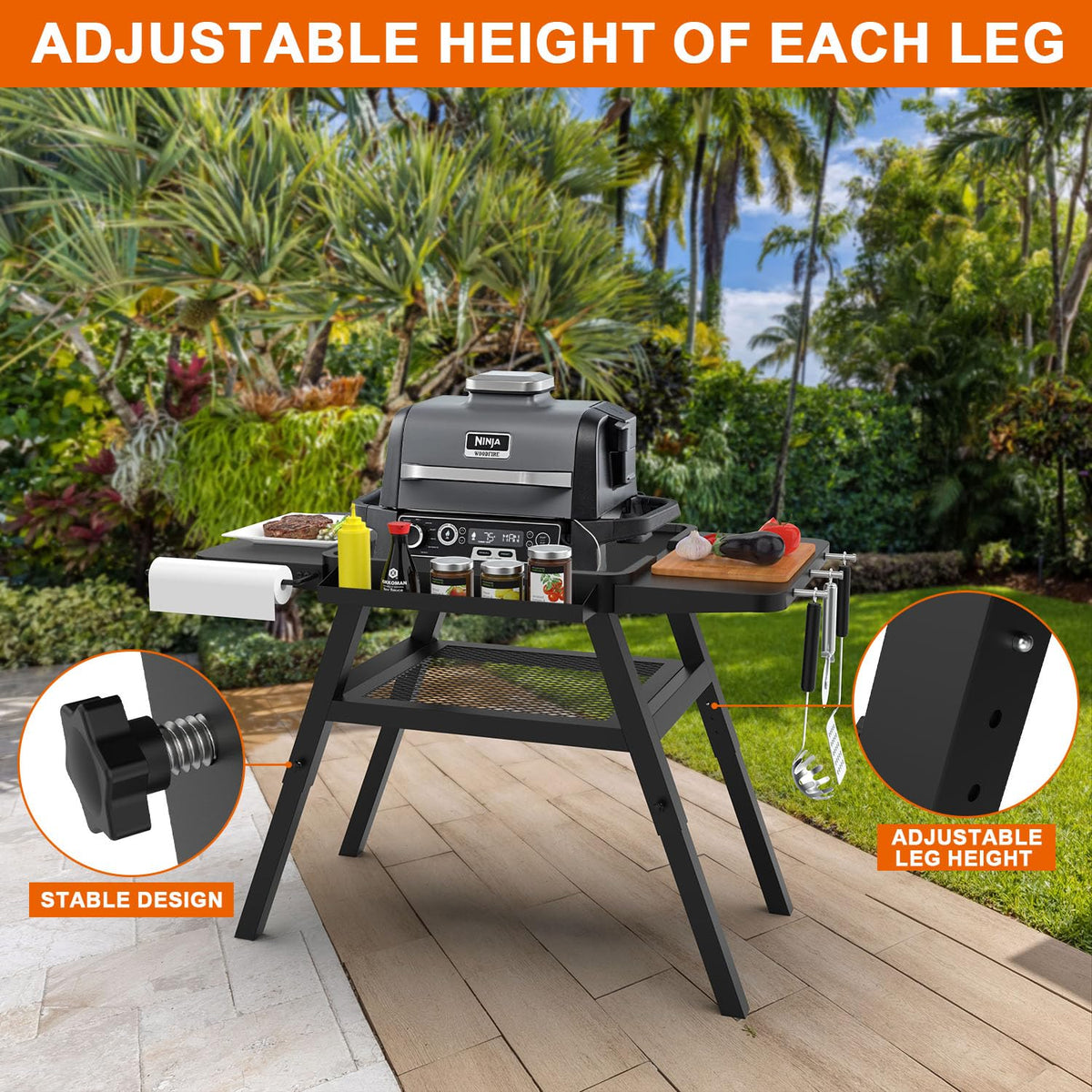 DELSbbq Adjustable design deployed on uneven ground for stable outdoor use.