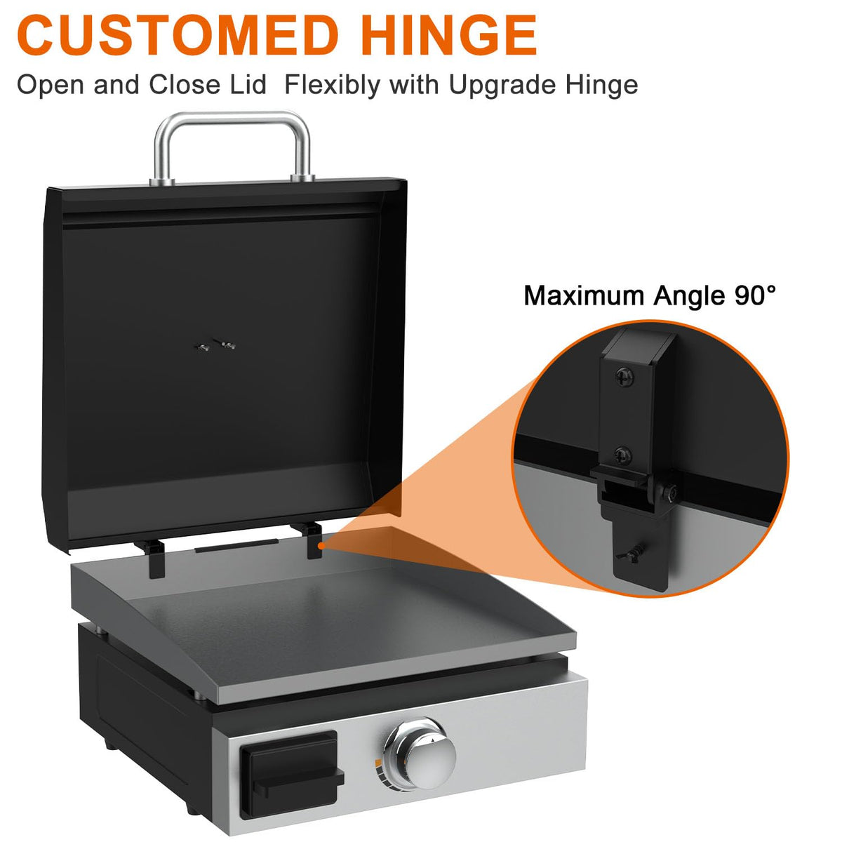 DELSbbq 17-inch Blackstone lid side view showing back-hinged design for easy use.