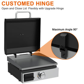 DELSbbq 17-inch Blackstone lid side view showing back-hinged design for easy use.