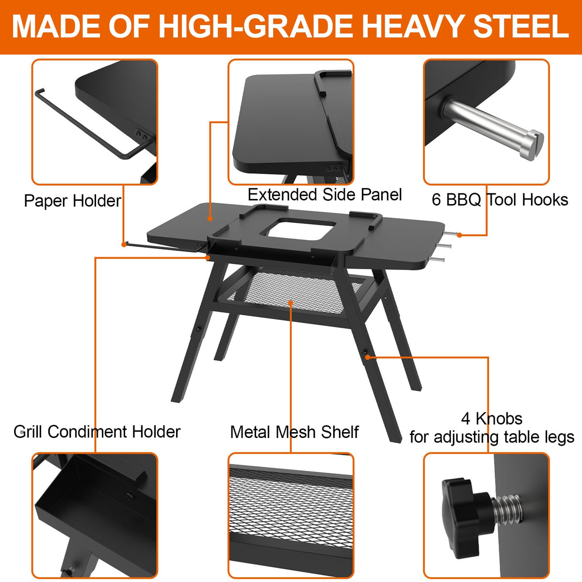 DELSbbq Outdoor Grill Stand with hooks demonstrates expanded cooking space.