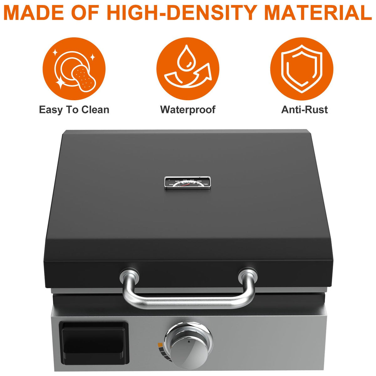 DELSbbq lid with integrated temperature gauge on a 17-inch Blackstone griddle.