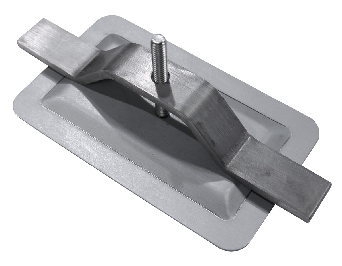 Deltech Rectangle Hand Hole Cover side view showing durable stainless steel mounting strap.