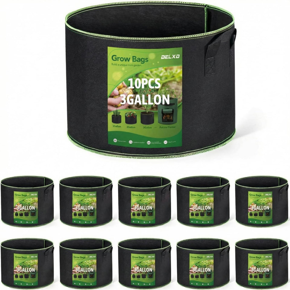 Delxo grow bags full setup showcasing 3-gallon capacity for flexible planting