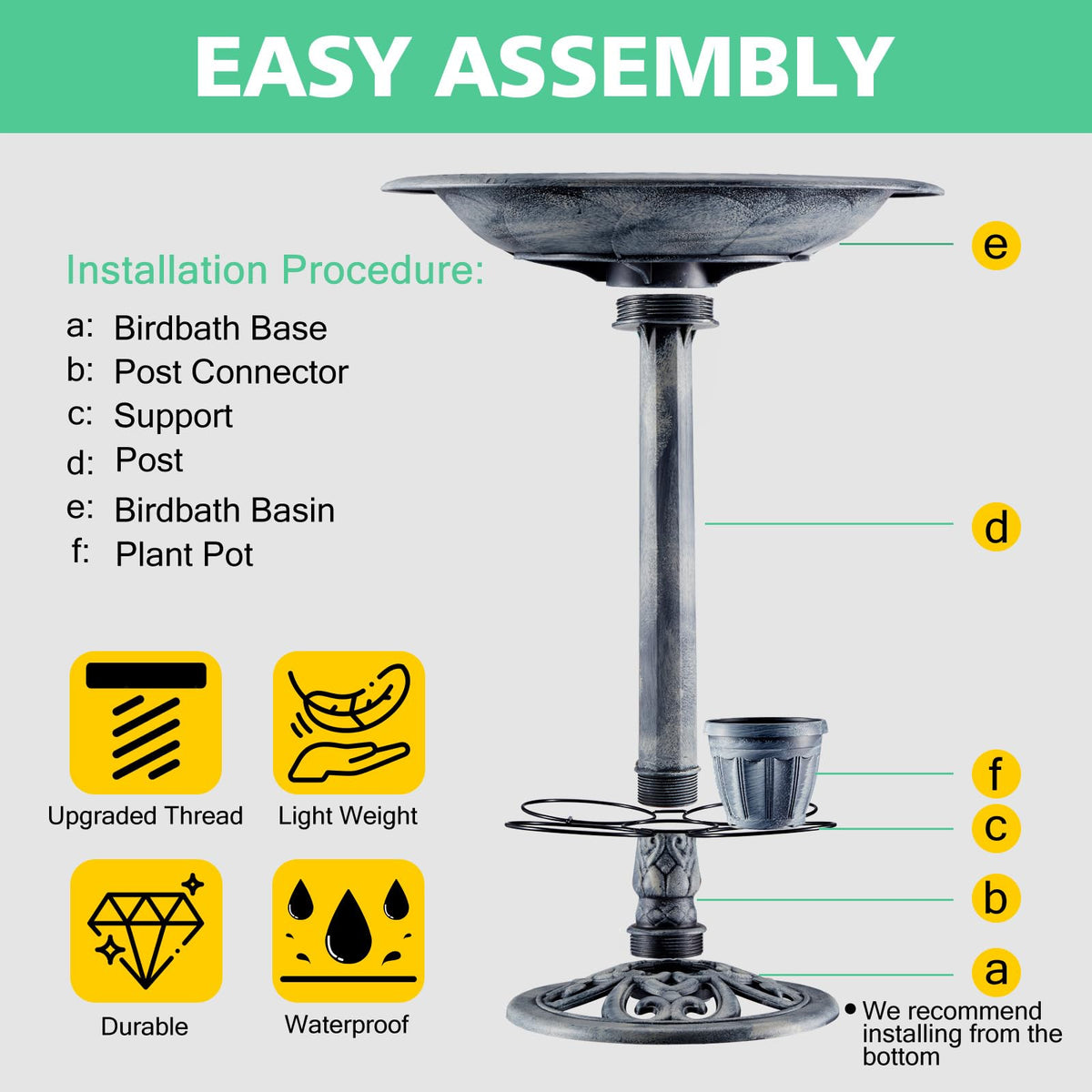 Demeyad bird bath twists together by hand for easy assembly