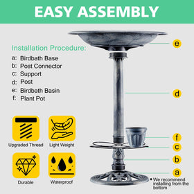 Demeyad bird bath twists together by hand for easy assembly