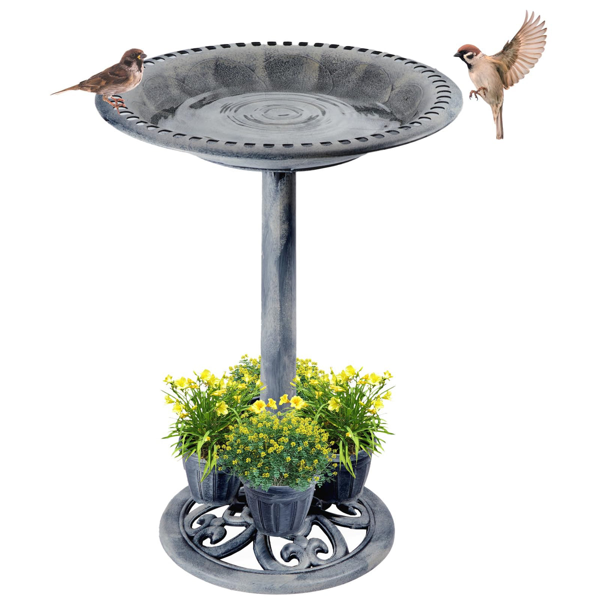 Demeyad outdoor bird bath with four removable planters adds color to your garden