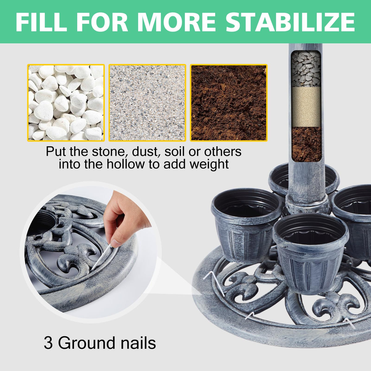 Demeyad bird bath with three ground stakes stays stable in windy yards