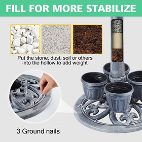 Demeyad bird bath with three ground stakes stays stable in windy yards