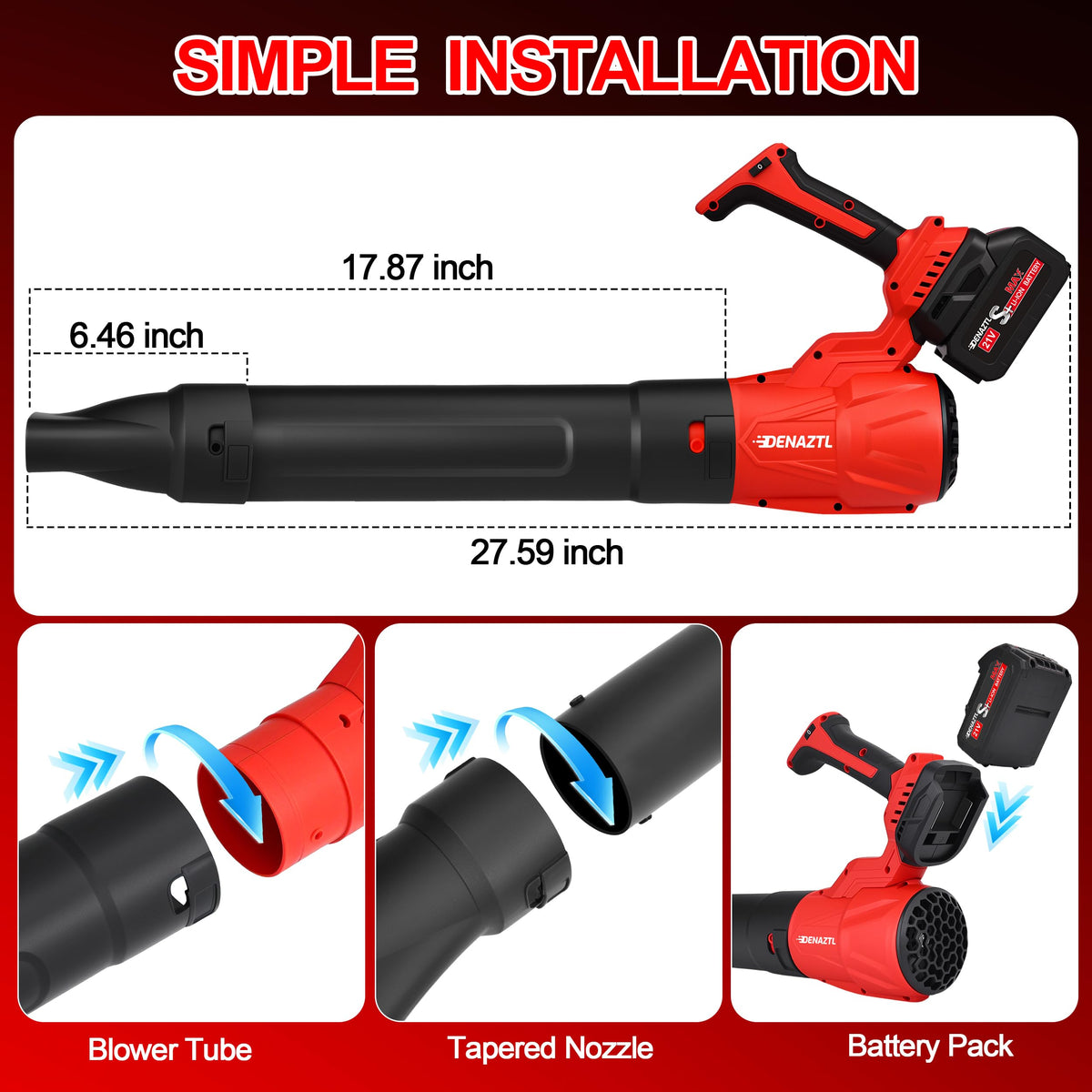 Denaztl extended nozzle attachment enables precise, directed debris removal.