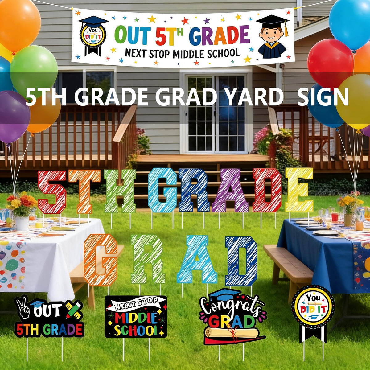 Deneo elementary grad decoration sign with stakes ready for setup