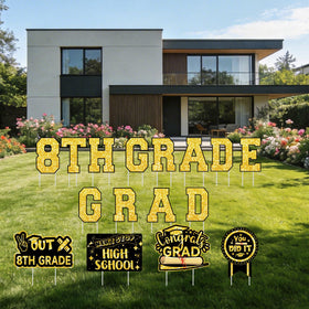 Deneo graduation yard sign with stakes highlights celebratory elements on grass