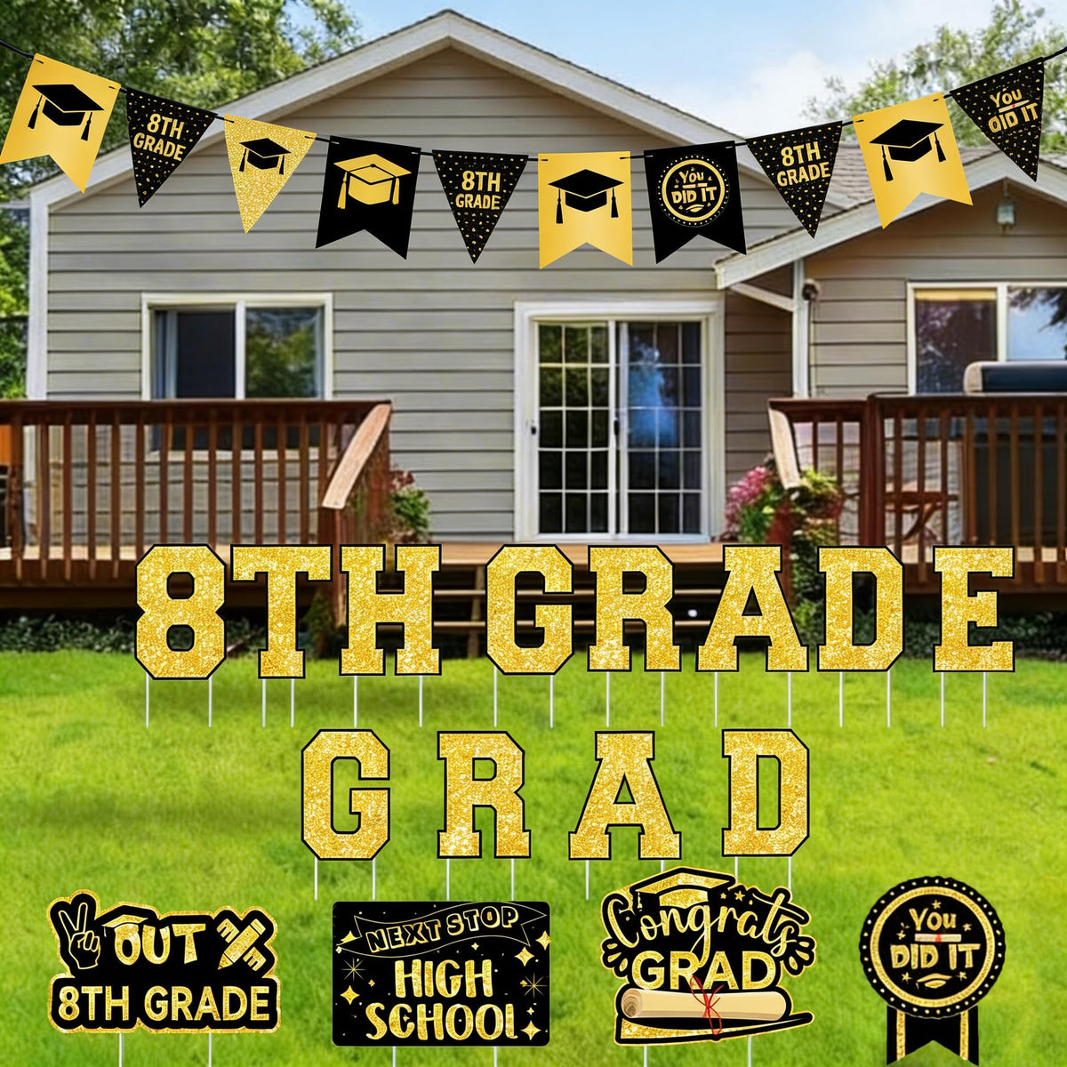 Deneo weatherproof graduation sign boosts visibility on grass for guests