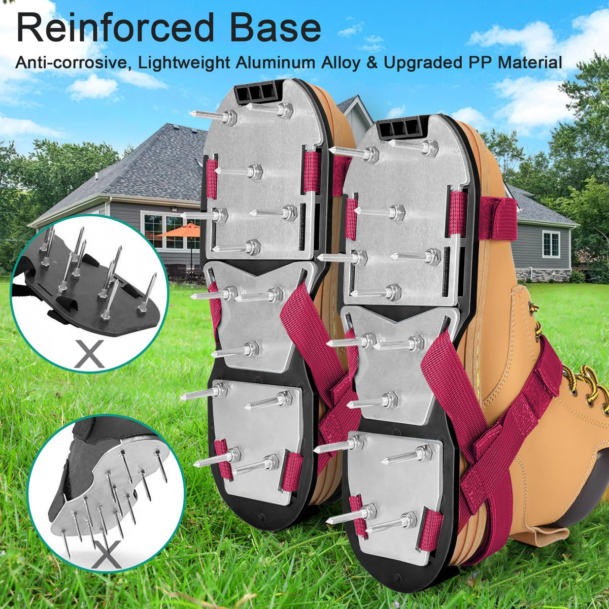 DenForste red aerator shoes with adjustable straps for a secure fit during lawn care.