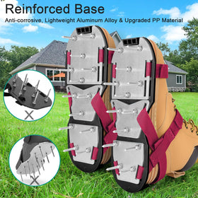 DenForste red aerator shoes with adjustable straps for a secure fit during lawn care.